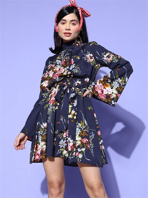 Women Navy Blue & White Floral Printed Halter Neck Tie-Up Waist Crepe ...