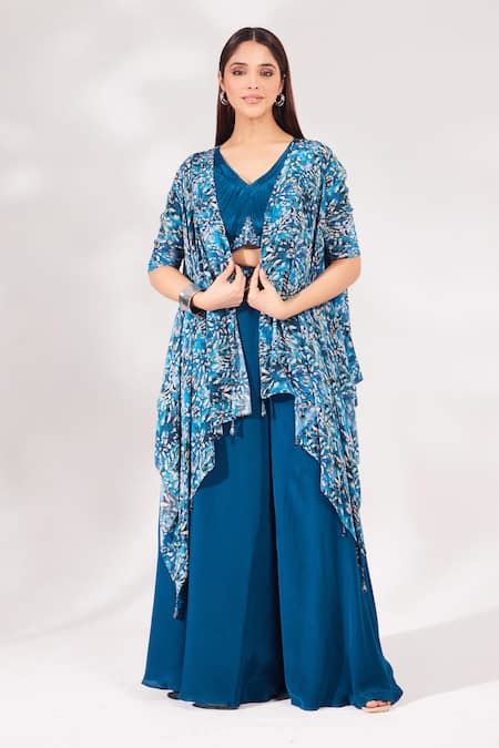 Buy Blue Crepe Cut Work, Sequins, Beads, Abstract Floral Print Shrug ...