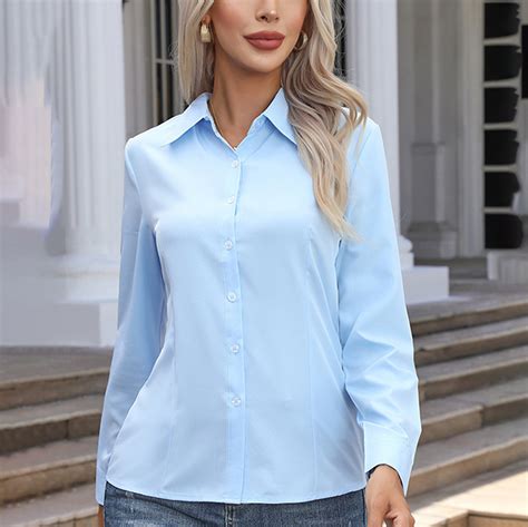 Aobny Fancy Tops for Women Business Blue Long Sleeve Collared Shirt V ...