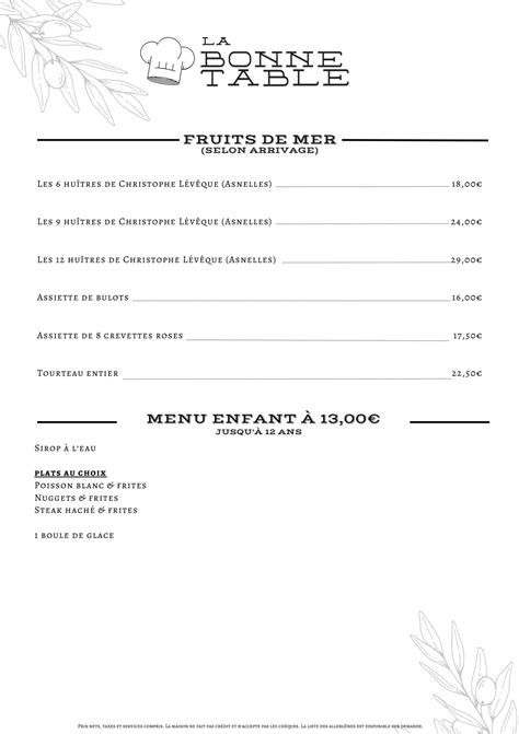 Menu 2024 - La Bonne Table in Villers-sur-Mer | TheFork