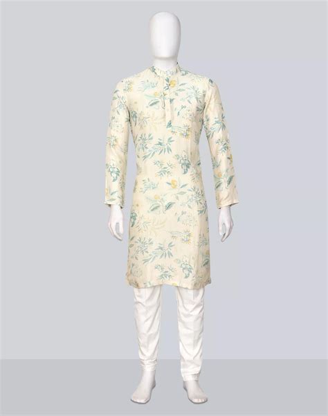Sky Colour Floral Printed Lenin Kurta Pyjama – South India Shopping Mall