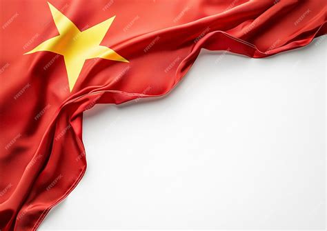 A red flag with a yellow star on it is hanging from a white background ...