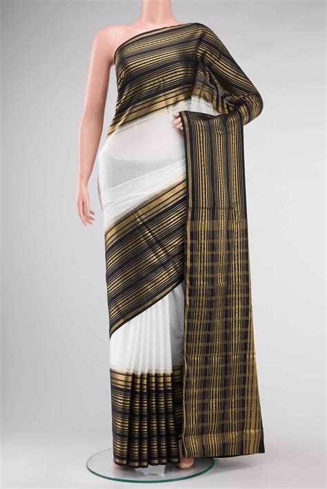 White Crepe Saree with Contrast Statement Border – Nalli Silk Sarees ...