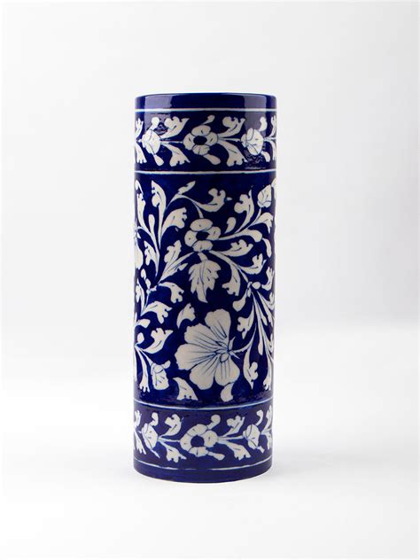 BLUE POTTERY CYLINDERICAL FLOWER VASE – NEERJA INTERNATIONAL INC