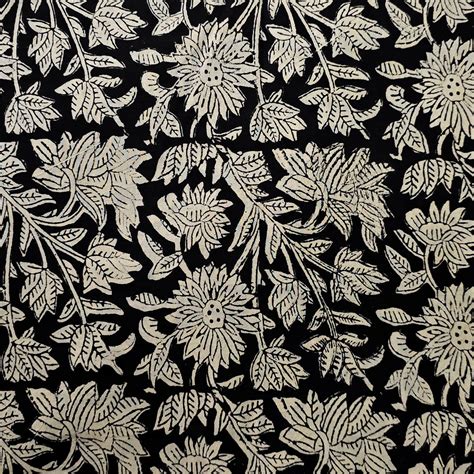 Pure Cotton Bagru Black With Off White Jungle Flower Jaal Hand Block P ...