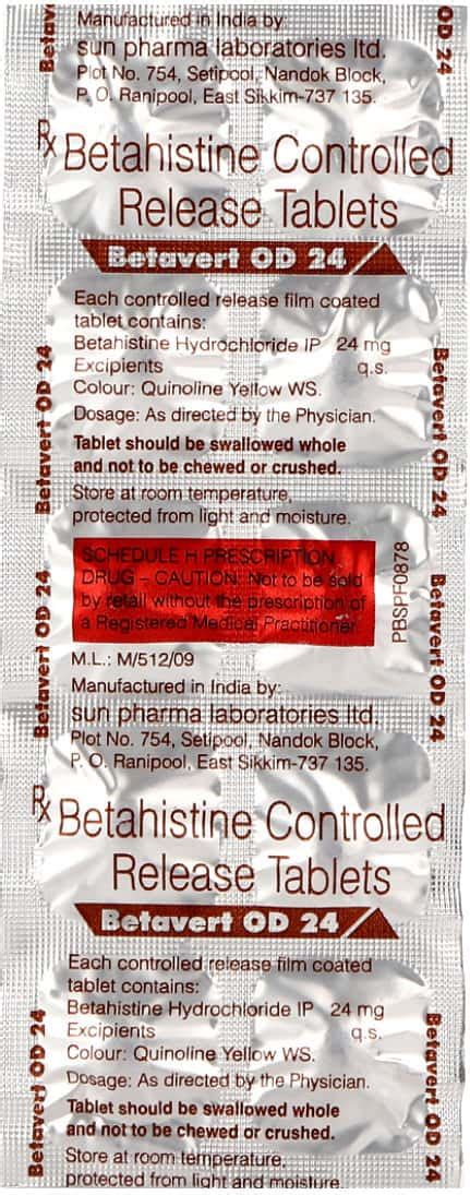 Betavert Od 24 MG Tablet (10): Uses, Side Effects, Price & Dosage ...