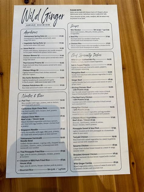 Menu at Wild Ginger restaurant, Penticton
