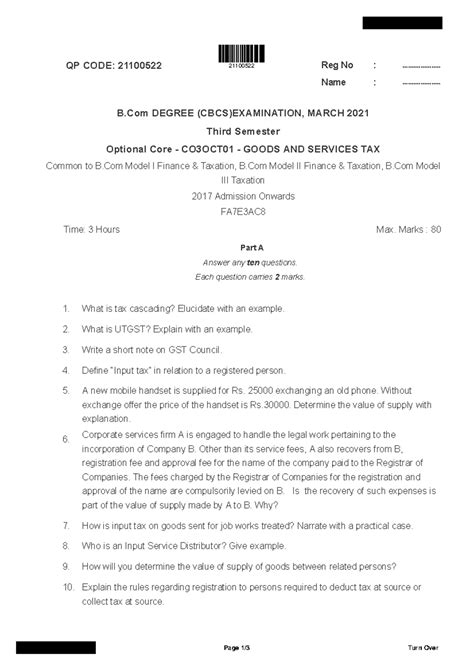 B.Com 3 Sem Goods & Services Tax Exam QP - March 2021 (21100522) - Studocu