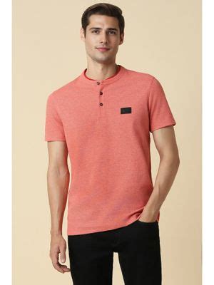 Buy Allen Solly Men Peach Solid Henley Neck T-Shirt Online