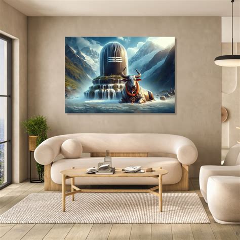 Divine Painting of nandi sitting besides huge shivling in Kailash Parvat