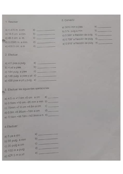 resolucion exam - 5. Convertir: 1. Resolver a) 3810 mm a pies a) a) 0 m ...