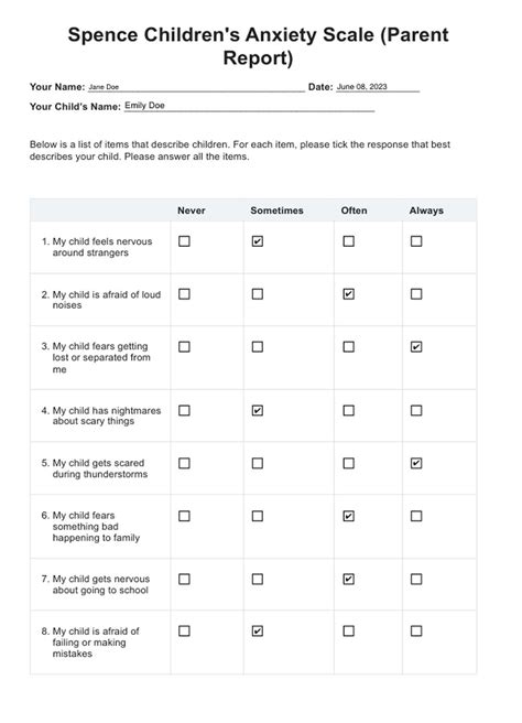 Spence Children's Anxiety Scale - Parent Report & Example | Free PDF ...