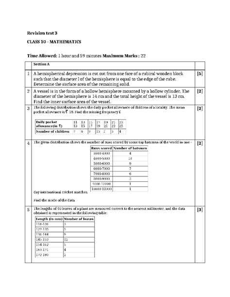 Revision Test 3: Class 10 Mathematics Practice Paper - Studocu