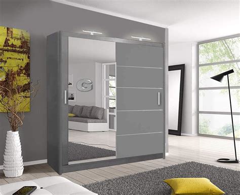 Lyon Modern Grey Sliding Door Wardrobe with LED Lights - India | Ubuy