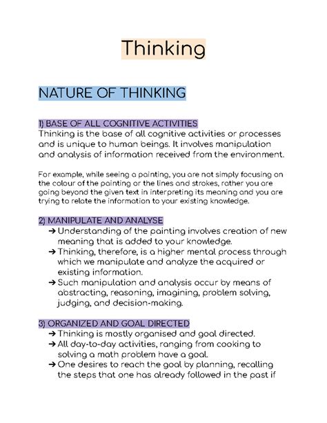 Thinking - NCERT Notes on Nature of Thinking and Problem Solving - Studocu