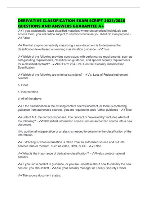 DERIVATIVE CLASSIFICATION EXAM SCRIPT 2025/2026 QUESTIONS AND ANSWERS ...