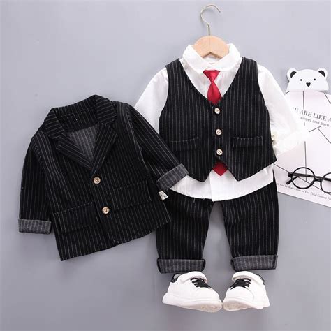 Striped three piece suit with red tie – BabyMonk