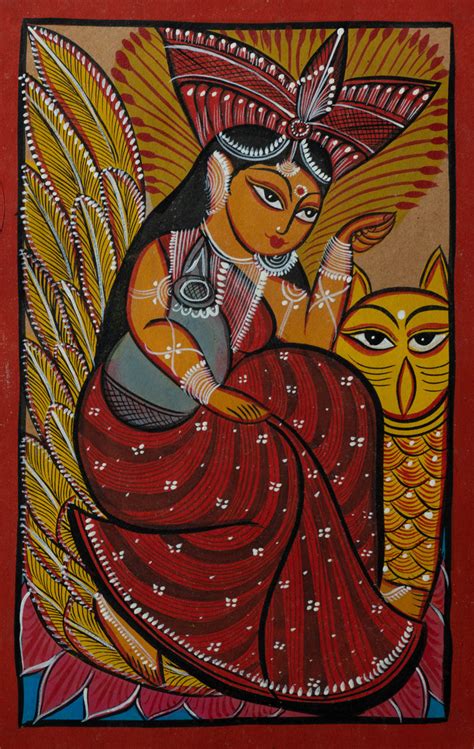 Buy Goddess Lakshmi with owl Bengal Pattachitra | Buy Folk Bengal Art