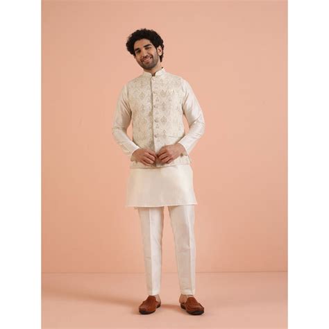 Buy KISAH Mens Off White Self Design Ethnic Motifs Kurta with Jacket ...