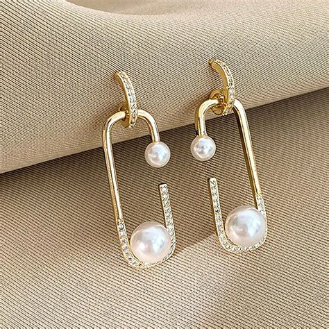 Buy Yellow Chimes Gold Tone Pin Shaped Pearl Beaded Drop Earrings Online