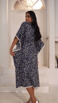 Shop Blue Viscose Abstract Printed Lace Detail Kaftan for Women Online