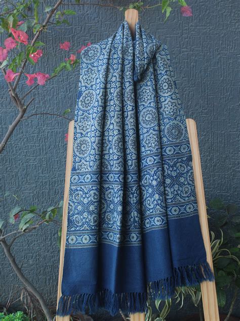 Indigo Bhujodi Handloom Pure Wool Ajrakh Hand Block Printed Stole ...