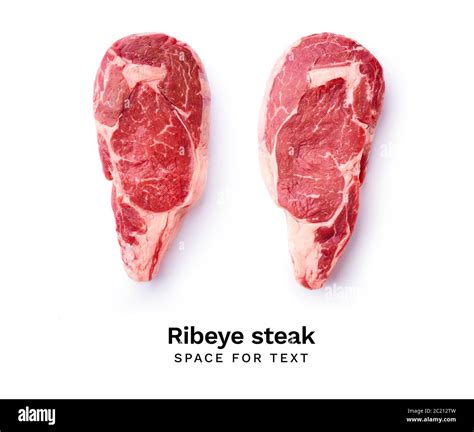 Creative flat lay with black angus prime beef rib eye steak isolated on ...
