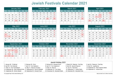 Jewish Holiday Calendar Printable