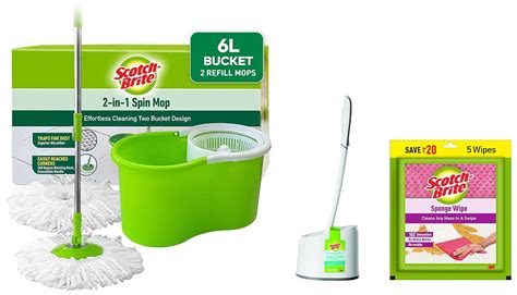Scotch-Brite 2-in-1 Bucket Spin Mop (Green, 2 Refills)& Sponge Wipe ...