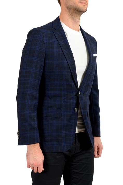 Hugo Boss Men's "Hartlay" Slim Fit 100% Wool Plaid Blue Two Button Blazer