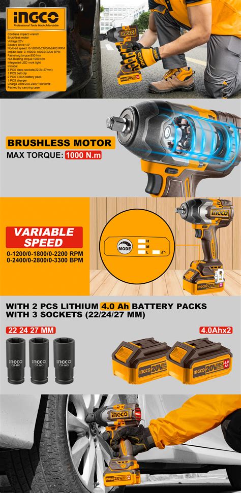 INGCO INGCO 850Nm Cordless impact wrench CIWLI2085 | with 2 pcs 4.0Ah ...