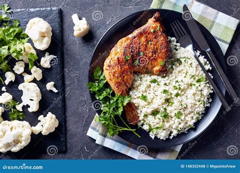 Cauliflower Rice with Grilled Chicken Leg in Bowl Stock Photo - Image ...