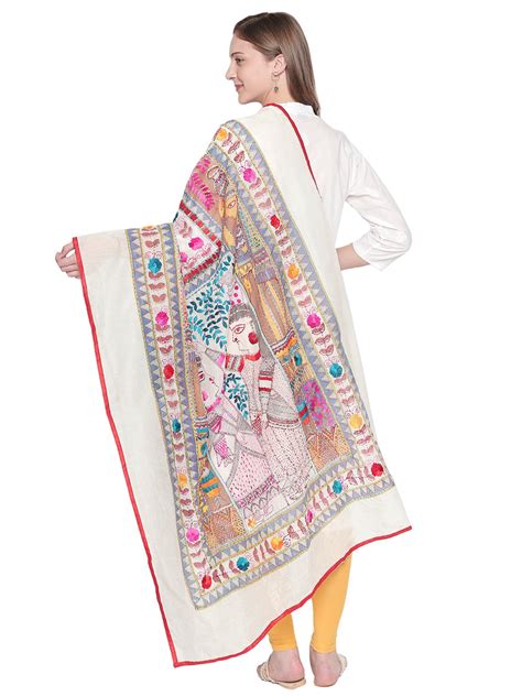 Off White Chanderi Silk dupatta with Kantha Work Dupatta Bazaar