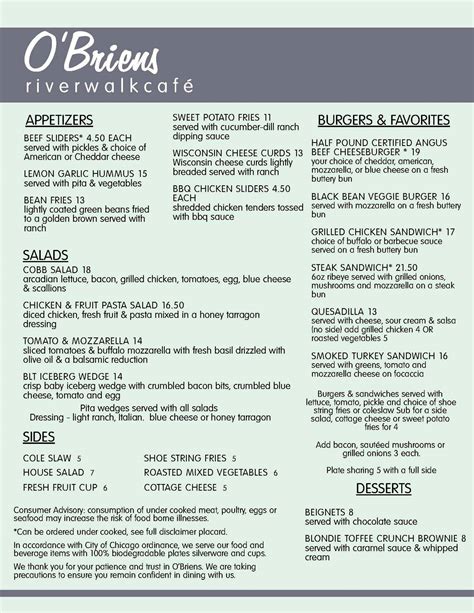 Menu at O’Briens Riverwalk Café cafe, Chicago, 45 E Riverwalk S
