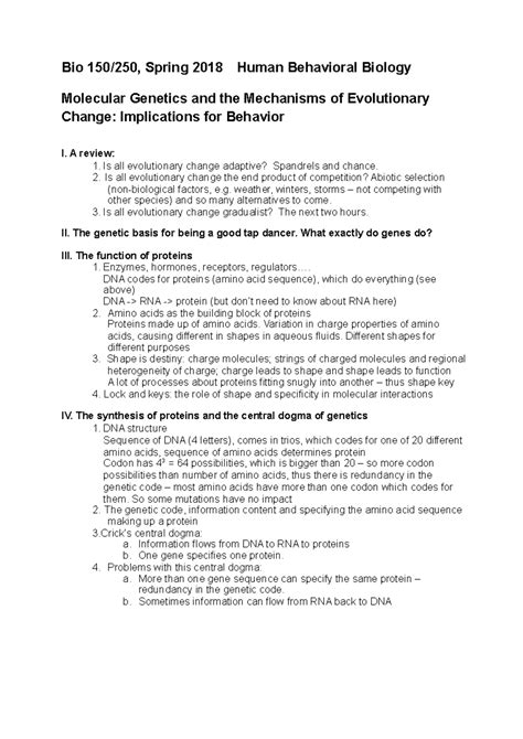 Stanford BIO 150 Lecture Notes: Molecular Genetics & Evolutionary ...