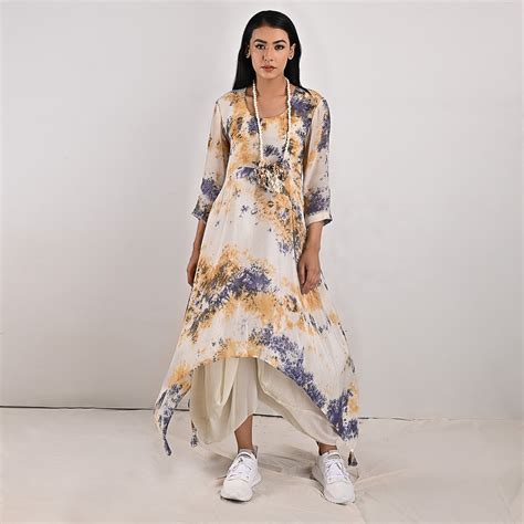 Cressida - Off-whit , Blue & Mustard Tie & Dye Cowl Dress – Bohame