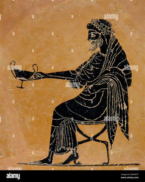 Late sixth-century BC black-figure painting showing Dionysus extending ...