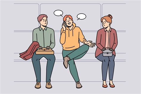 Smiling young man talk loud in line in public place. Happy millennial ...