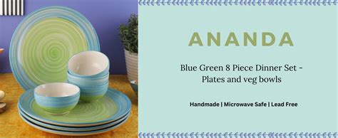 VarEesha Ananda Blue Green Ceramic 8 Piece Dinner Set - 4 Plates and 4 ...