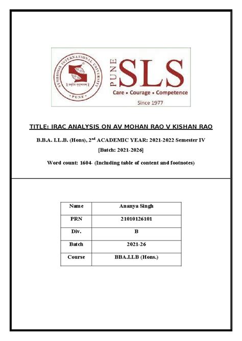 Crpc internal 1 - Notes - TITLE: IRAC ANALYSIS ON AV MOHAN RAO V KISHAN ...