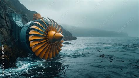 Tidal turbine on rocky coastline at sunset