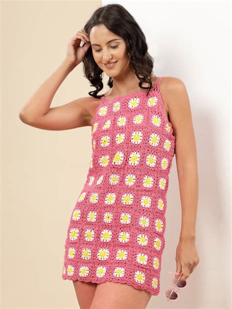 Velvery Bohemian Handmade Daisy Crochet Pink & Multi Partywear Dress