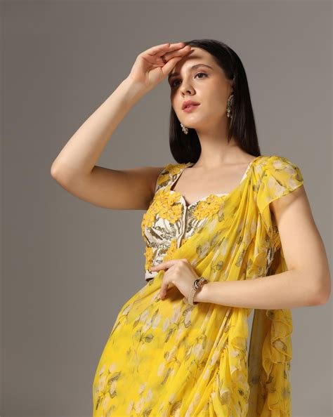 Yellow Chiffon Printed Pre-Stitched Frilled Saree Set – Yashodhara