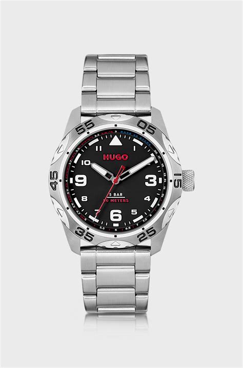 HUGO - Black-dial watch with stainless-steel link bracelet - Silver