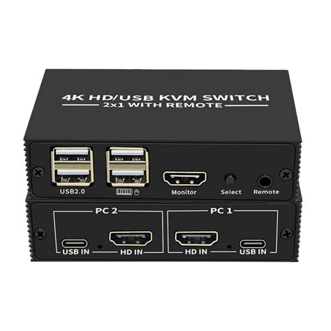 4K HDTV KVM Switch, 2x1 USB Type C with Remote, Dual Computer Monitor ...
