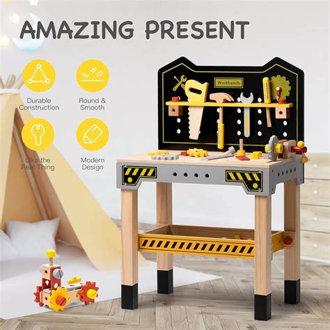 Buy ROBOTIME Kids Tool Bench, Wooden Workbench Construction Bench, Toy ...