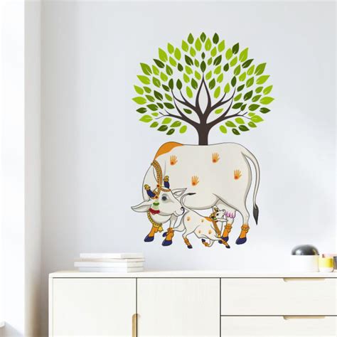 Decal O Decal Green Tree and Kamadhenu Cow Feeding Its Calf Wall ...