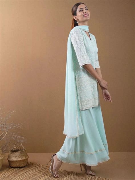Buy Blue Embroidered Georgette Straight Kurta With Palazzos & Dupatta ...