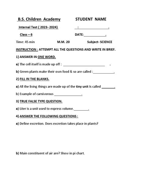 Image result for 6th Class Science Exercise