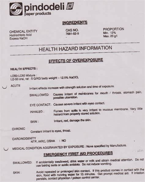 CV. LUMADA bitha SUKSES: MSDS Kimia Sodium Hypochlorite (NaOCl) 12%